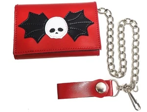 Bat Skull Wing Red Tri-Fold Skull Biker Chain Wallet With 12" Chain Leather - Picture 1 of 3
