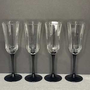 Set of 4 Luminarc France Octagon  Black Stem Fluted Elegant Champagne Glasses - Picture 1 of 7