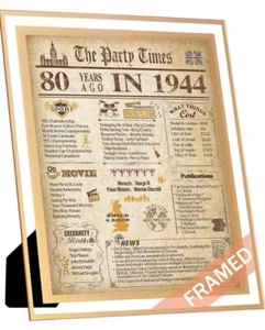 Póster de cumpleaños de 1944 enmarcado Reino Unido, decoraciones de cumpleaños 80 para mujeres u hombres, 8x10 - Imagen 1 de 4