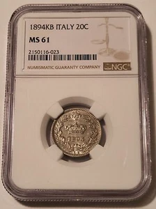 Italy Umberto I 1894 KB 20 Centesimi MS61 NGC - Picture 1 of 4