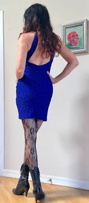 Vestido Halter De Colección Años 80 Azul Brillante Encaje Bodycon Elastizado Movible Recorte Vendaje Foto 1 de 4