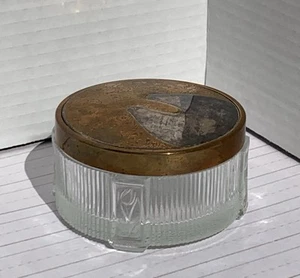 Vtg Art Deco Glass Vanity Cosmetic Makeup Jar W Gold & Silver Lid Floral Pattern - Picture 1 of 9
