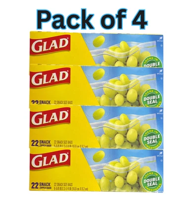 Glad Snack Zipper Bags, Double Seal Freshness Lock, 6-5/8 in x 3-1/4 in - 4pk
