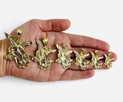 Solid 10K Yellow Gold Saint Michael Archangel Pendant San Miguel Arcangel - G121 - Image 1 of 4