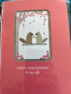 Hallmark Greeting Card Anniversary Wife Raccoon’s Flowers Swinging In Tree Pink - Image 1 of 2