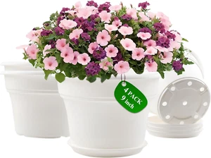 9 Inch Plastic-Flower Pot-For-Indoor Plants, 4 Pack Large Outdoor Planter Pot wi - Picture 1 of 7
