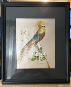 Vintage Parrot Oil Painting On Satin Original Signed Lafort - Picture 1 of 4