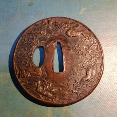 Japanese Antique Dragon Flower Curving Copper Tsuba KatanaSword Guard from Japan - Image 1 of 4