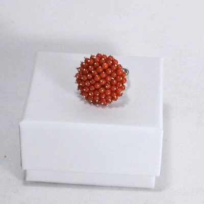 ANELLO CORALLO ROSSO IN ARGENTO 925 RODIATO CON  PALLINI 3 mm           AGNK 085 - Immagine 1 di 3