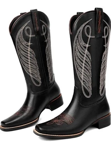 Women Cowgirl Boots Cowboy Boots Mid Calf Western LowChunky Heel Classic Em... - Picture 1 of 11