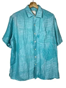 Tasso Elba Silk Linen Hawaiian Shirt Men L Teal Blue Short Sleeve Button Up Camp - Picture 1 of 5