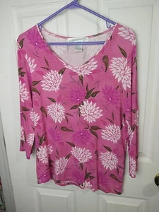 Pineapple Moon Woman L Blouse V Neck Pink Floral Pullover 3/4 Sleeve Casual - Picture 1 of 7