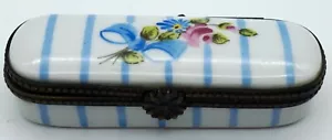 Limoges Peint Main France Hinged Trinket Box Lovely Flowers & Blue Stripes - Picture 1 of 10