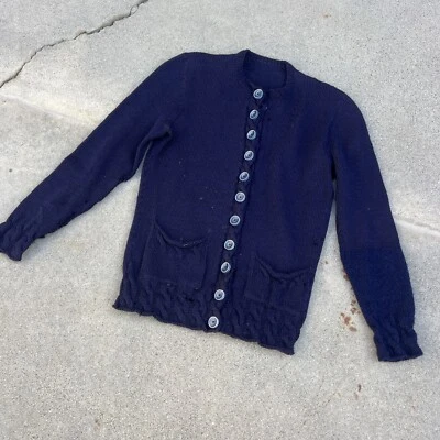 Vintage 1930s Blue Knit Wool Sweater Cardigan Button Up Waist Pockets Dress Top - Image 1 of 4