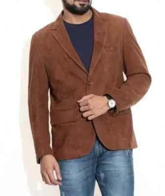 Brown Men's Genuine Soft Suede Leather Blazer Handmade Party Work Wear Formal - Image 1 of 4
