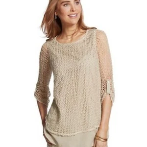 Chico’s Alisha Top 3/4 Sleeves Beige Mesh Overlay size Medium Nautical Mermaid - Picture 1 of 10