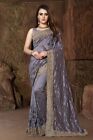 Grey Designer Heavy Resham Zari Stone Embroidery Sari Silk Party Wear Saree
