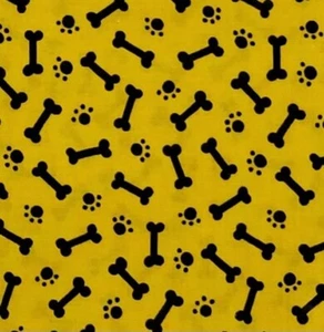 Dogs Puppies Bones Paws Pawprints Yellow Daisy Kingdom Cotton Fabric 1 1/2 yards - Picture 1 of 6
