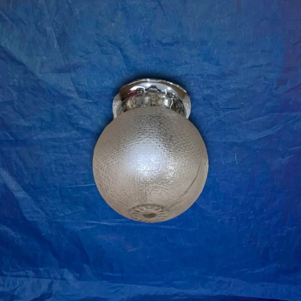Chrome Flush Mount Fixture With Antique Glass Globe Vintage Porch Closet 8A - Image 1 of 4