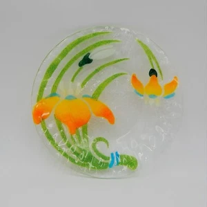 Sydenstricker Fused Art Glass Peach Iris 8-1/2 Inch Salad Plate Green Leaves - Picture 1 of 6