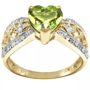 Natural Heart Peridot & 18 Diamond 9K 9CT 375 Solid Gold Ring Genuine - Picture 1 of 4