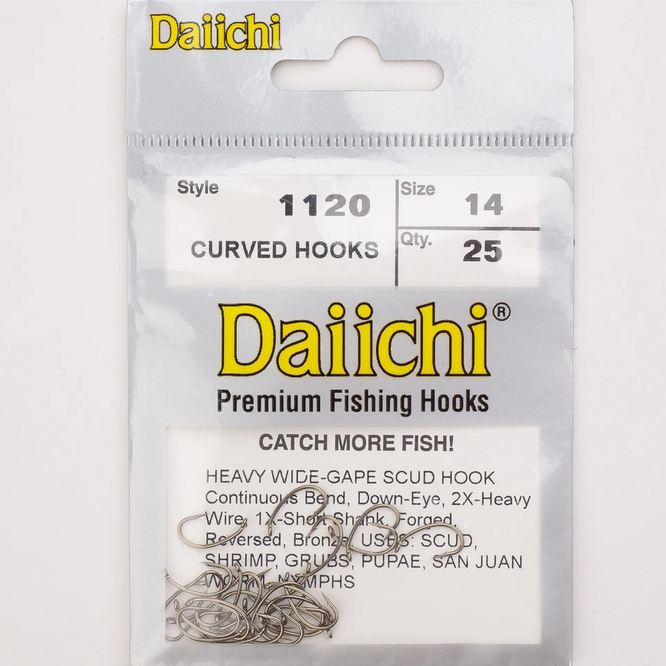 DAIICHI 1120 CURVED HOOK SIZE #14 25 PACK fly fishing tying scud shrimp worm