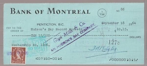 1964 Used Check - Bank of Montreal. Penticton B.C., Hudson's Bay Company. 2p tax - Picture 1 of 1