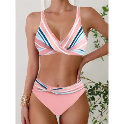Traje de baño de bikini ajustable a rayas para mujer Foto 1 de 4