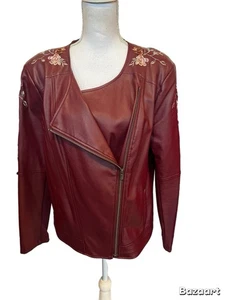 G by Giuliana Asym Zipper Embroidered Faux Leather Jacket Burgundy Size XL - Picture 1 of 4