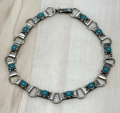 Винтажный серебро 925 и бирюза 7» цепочка теннисный браслет сделано в Мексике EUC - Изображение 1 из 4