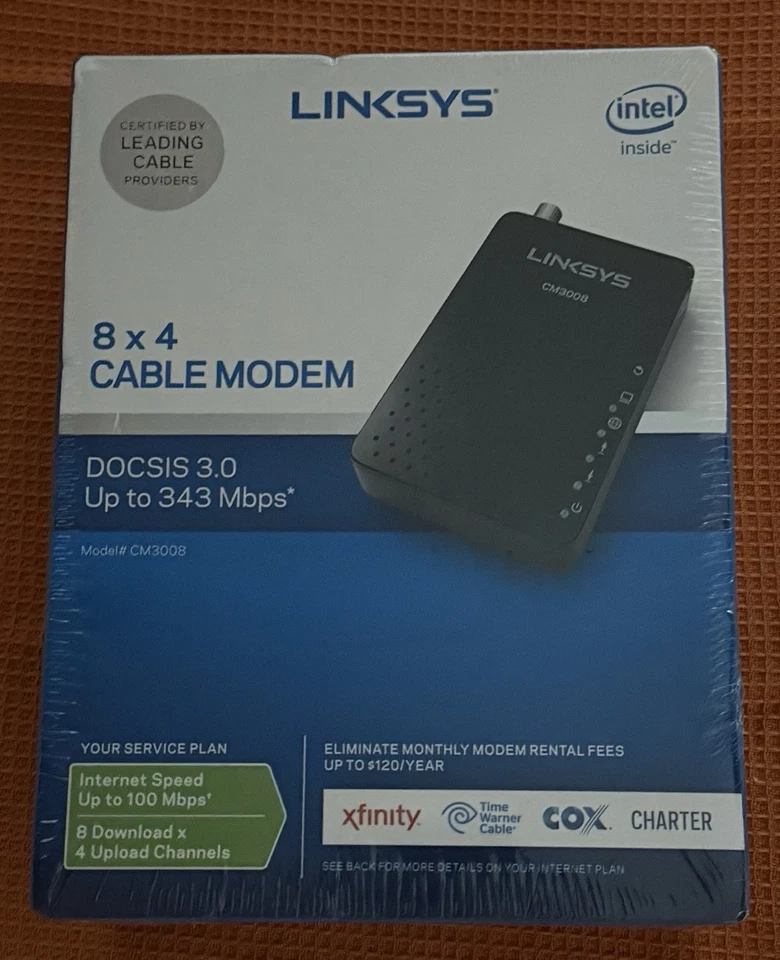 Linksys CM3008 DOCSIS 3.0 8x4 Cable Modem 343 Mbps for Xfinity Cox Charter Spect - Image 1 of 4