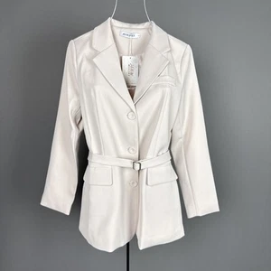 Neu mit Etikett Moxana hellbeiger Business-Blazer für Damen optionaler Gürtel Größe Small - Bild 1 von 15