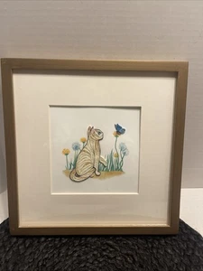 Kätzchen Katze & Schmetterling Handarbeit, Quilling Wandbild, gerahmt & mattiert - Bild 1 von 9