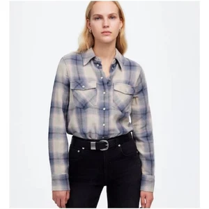 Neu mit Etikett Madewell kariert Flanell Perlen Druckknopf blau/pink/creme Damen 6 Herbst Cabincore - Bild 1 von 9