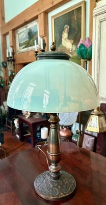Antique PITTSBURGH LAMP, BRASS & GLASS CO. Lamp w/ Opaline Uranium Glass Shade - Image 1 of 4