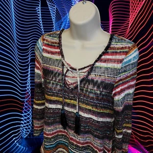 Petite medium Tassel Lace Up Boho Striped Knit Sweater Top Asymetrical T56 - Picture 1 of 6