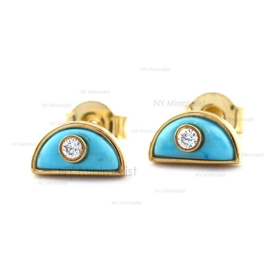 Media Luna Turquesa Diamante Mal de Ojo Pendientes Oro Amarillo 14K Joyería Fina Foto 1 de 4