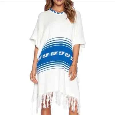 WILDFOX White Label Women's Frida Fringe Knit Poncho Striped White S Pre-Owned Foto 1 de 4
