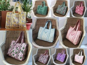Indian Quilted Tote Bag Hand Block Printed Cotton Handbag Shopping Carry Bag - Picture 1 of 60