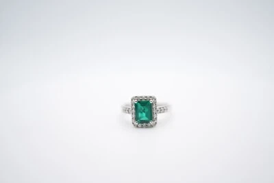 14K White Gold Emerald Cut Green Tourmaline and Diamond Halo Ring - Image 1 of 4