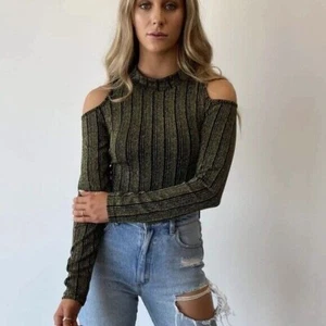 Dream Bandits S Tell Me Gold Metallic Stripe Cold Shoulder Bodysuit Mock Neck - Picture 1 of 12
