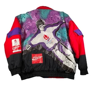 Vtg 90s Coca Cola Jacket L Albertville 92 Olympics Graphic Multicolor Puffer - Picture 1 of 18