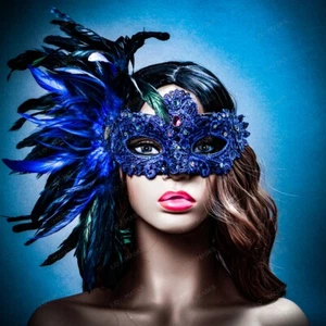 Blue Side Feather Venice Carnival Masquerade Venetian Mardi Gras Women Eye Mask - Picture 1 of 9