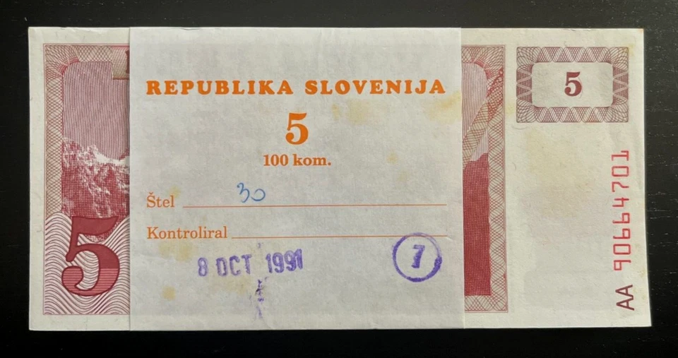 Slovenia 5 TOLARJEV P-3 1990 x 50 Pcs Lot Bundle Pre Euro UNC Slovenian PACKNOTE - Image 1 of 4