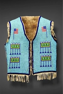 Native American Sioux Style Indian Beaded Suede Leather Hide Vest - Picture 1 of 2