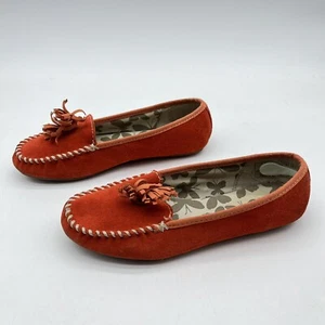 Lands End Driving Moccasin Slip On Shoes Tassels Suede Salsa Orange 6.5 M - Picture 1 of 9