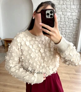 Zara Knit Sweater With Floral Panel Sand Beige Cream Size S M 8146/102 New - Picture 1 of 24