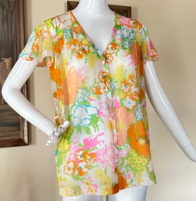 Vintage 1970s Wildflower Sheer Blouse Psychedelic Lingerie PJ Top Buttoned M - Image 1 of 4