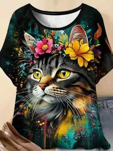 NEW PLUS SIZE 18 20 22 24 26 BLACK FLORAL CAT TOP BLOUSE T SHIRT STRETCH CURVE - Picture 1 of 3