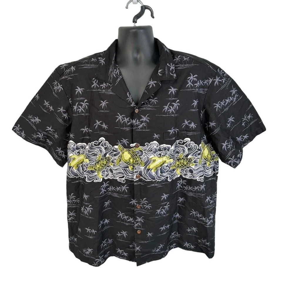 NWT Hilo Hattie Hawaiian Shirt Turtle Wave Aloha Shirt Black 2XL Cotton - Image 1 of 4